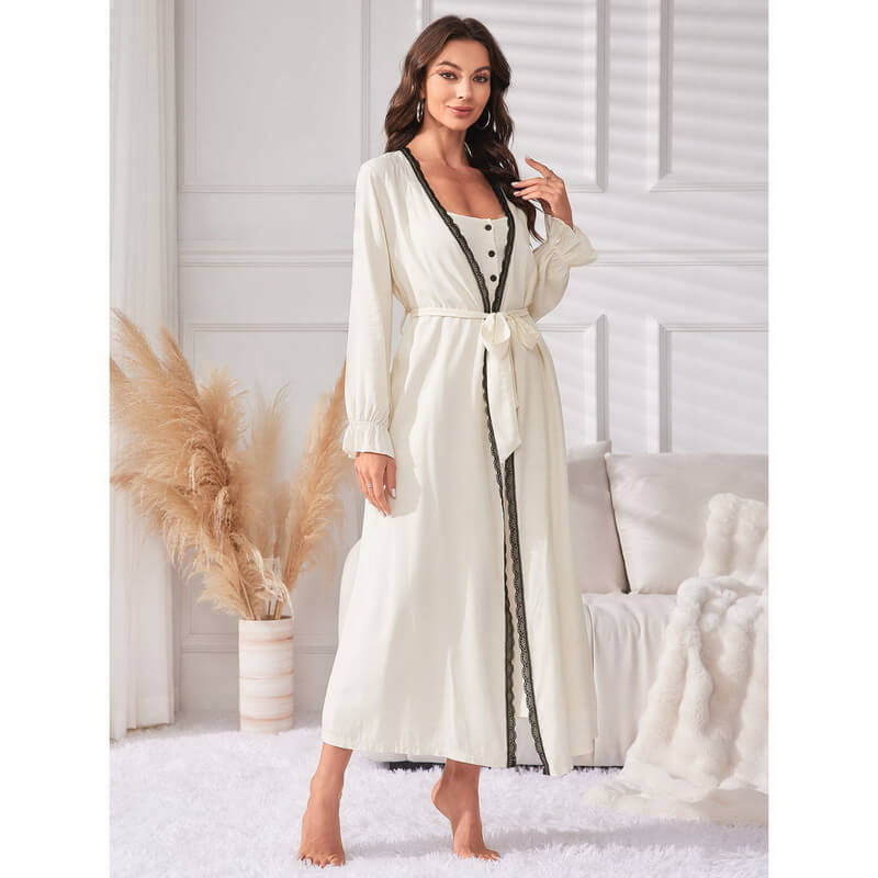 NURO Women's Two-Piece Pajama Set with Cardigan and Sleeveless Dress, Long Sleeve Home Sleepwear, Simple Casual Robe and Nightgown for Sleeping