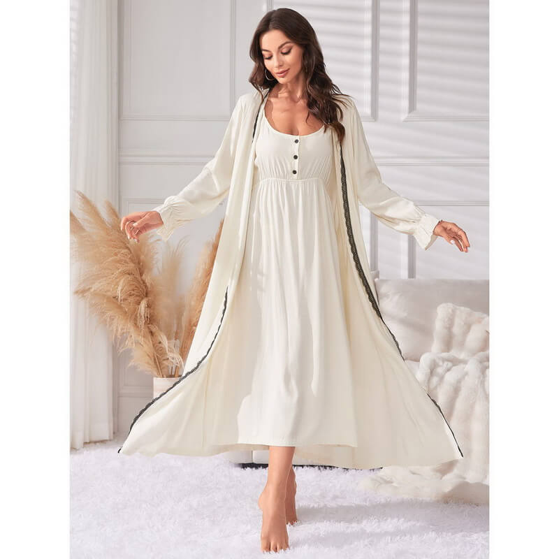 NURO Women's Two-Piece Pajama Set with Cardigan and Sleeveless Dress, Long Sleeve Home Sleepwear, Simple Casual Robe and Nightgown for Sleeping