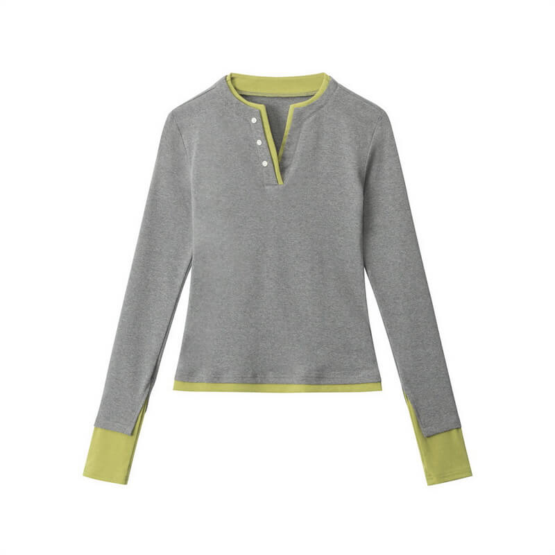 NURO Women's Two-Tone Faux Two-Piece Long Sleeve Crop Top, Slim Fit Layering Tee