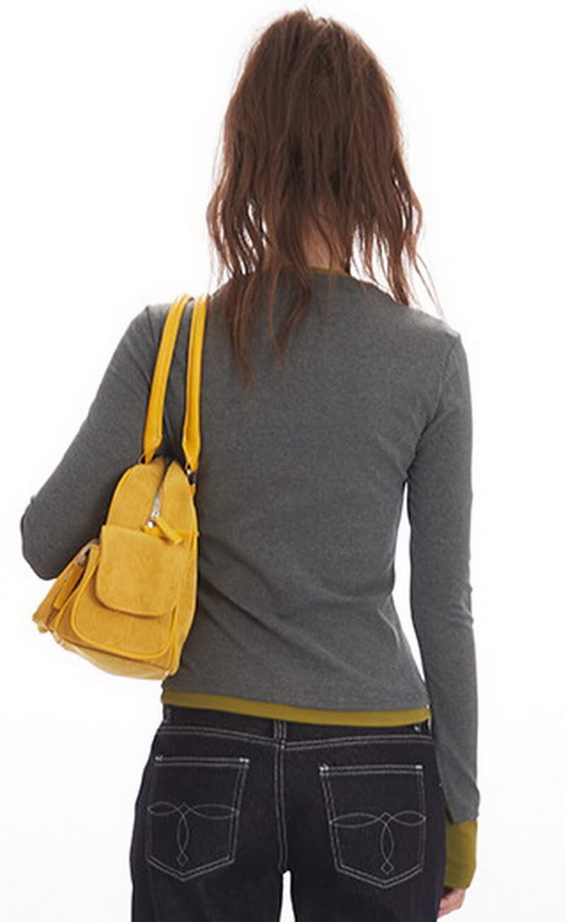 NURO Women's Two-Tone Faux Two-Piece Long Sleeve Crop Top, Slim Fit Layering Tee