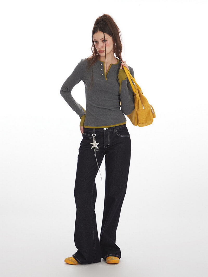 NURO Women's Two-Tone Faux Two-Piece Long Sleeve Crop Top, Slim Fit Layering Tee