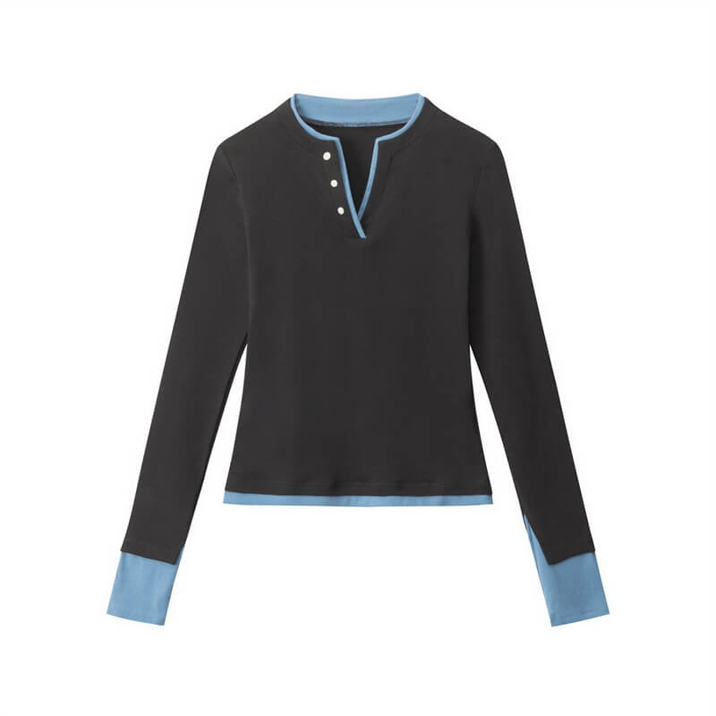 NURO Women's Two-Tone Faux Two-Piece Long Sleeve Crop Top, Slim Fit Layering Tee