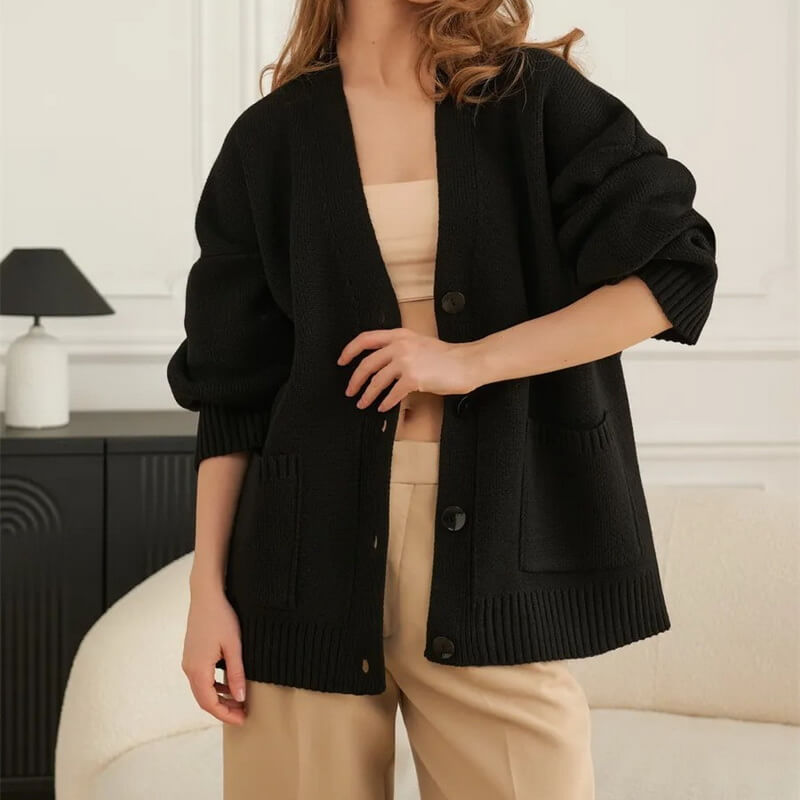 NURO Women's V-Neck Cardigan, Long Sleeve Knit Open Front Sweater with Pockets, Soft Structured Casual Blazer Alternative