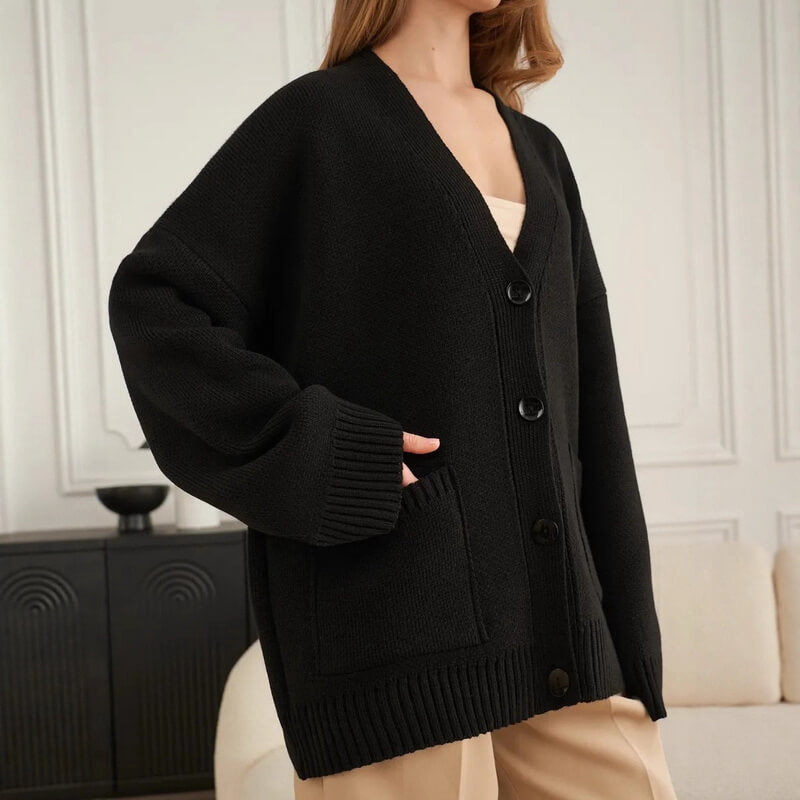 NURO Women's V-Neck Cardigan, Long Sleeve Knit Open Front Sweater with Pockets, Soft Structured Casual Blazer Alternative