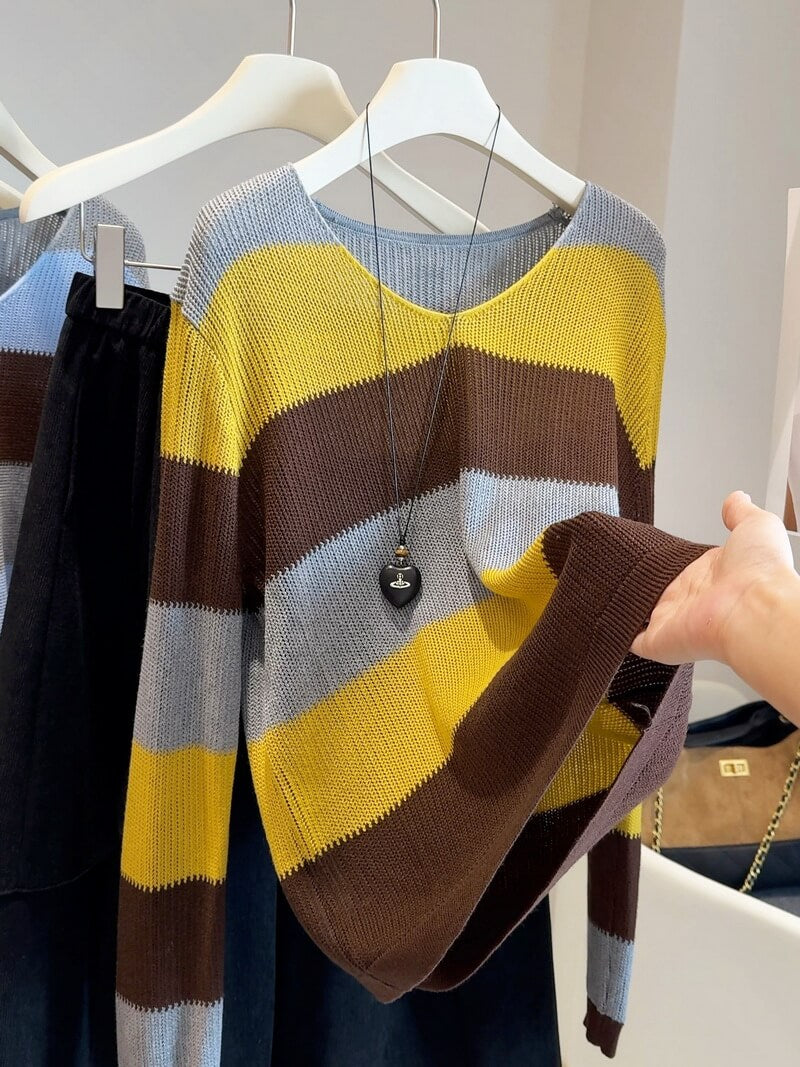 NURO Women's V-Neck Color Block Striped Knit Top, Cropped Casual Pullover for Layering