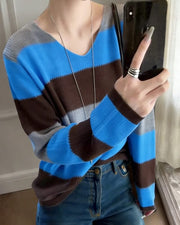 NURO Women's V-Neck Color Block Striped Knit Top, Cropped Casual Pullover for Layering