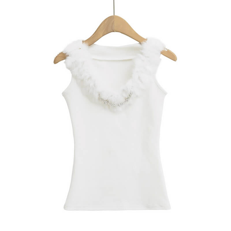 NURO Women's V-Neck Faux Fur Trim Top, Sleeveless Slim Fit Cami