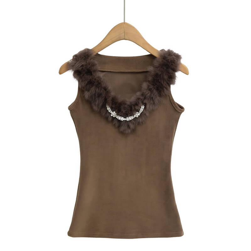 NURO Women's V-Neck Faux Fur Trim Top, Sleeveless Slim Fit Cami