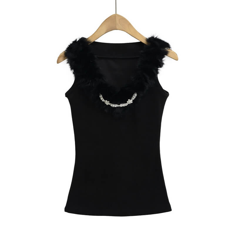 NURO Women's V-Neck Faux Fur Trim Top, Sleeveless Slim Fit Cami