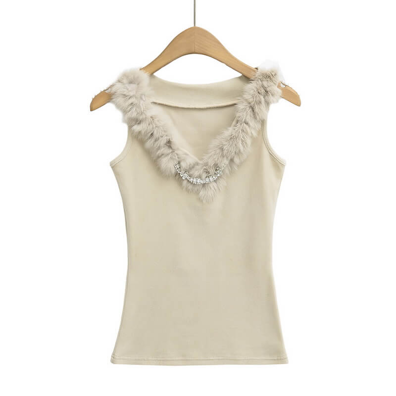 NURO Women's V-Neck Faux Fur Trim Top, Sleeveless Slim Fit Cami