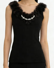 NURO Women's V-Neck Faux Fur Trim Top, Sleeveless Slim Fit Cami