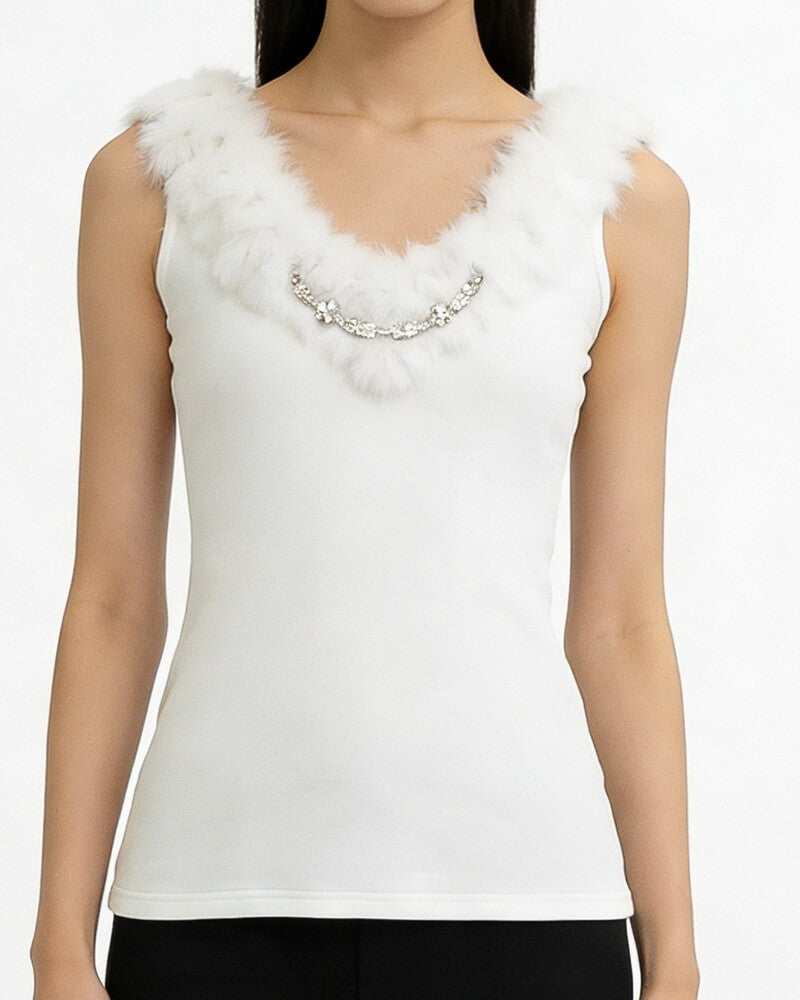 NURO Women's V-Neck Faux Fur Trim Top, Sleeveless Slim Fit Cami