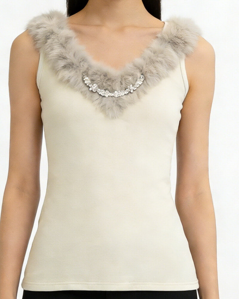 NURO Women's V-Neck Faux Fur Trim Top, Sleeveless Slim Fit Cami