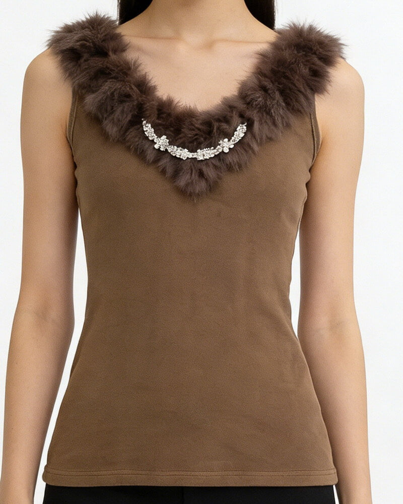 NURO Women's V-Neck Faux Fur Trim Top, Sleeveless Slim Fit Cami