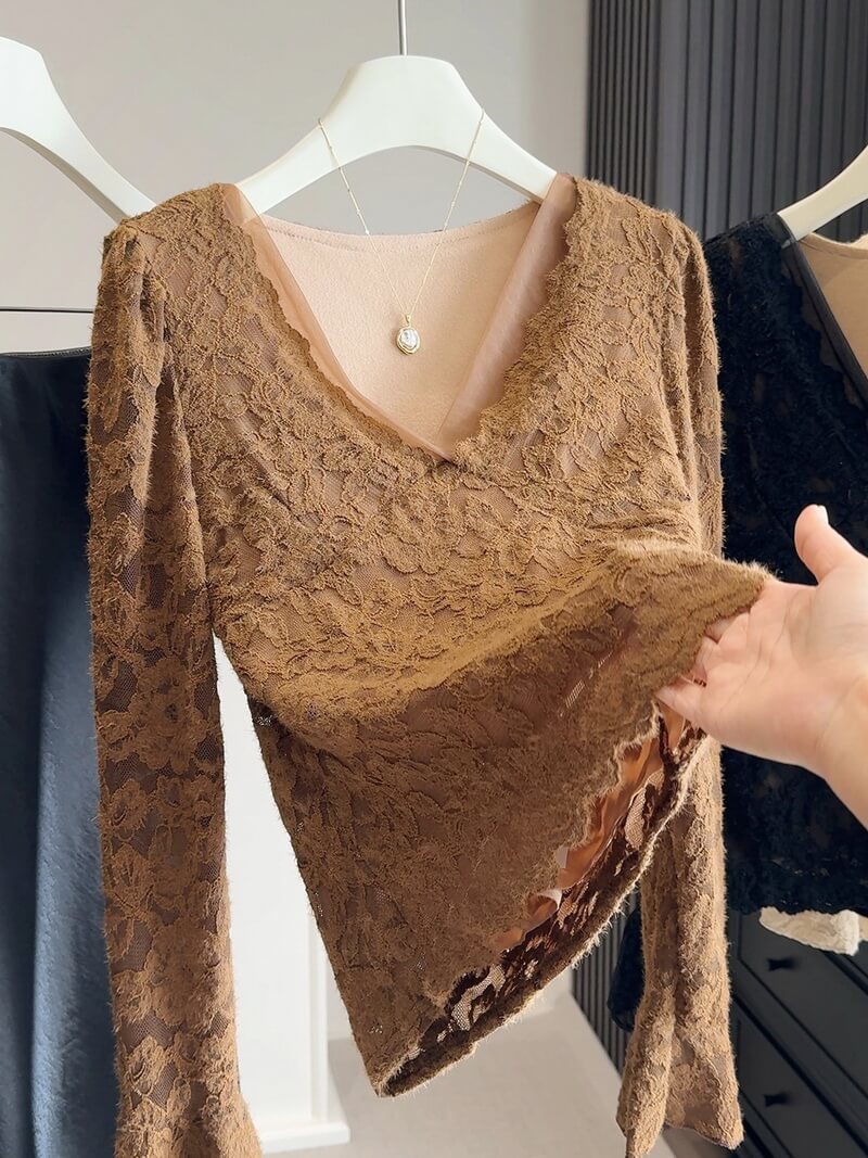 NURO Women's V-Neck Flared Sleeve Top, Fleece-Lined Polyester Blouse, Casual Long Sleeve Shirt for Layering