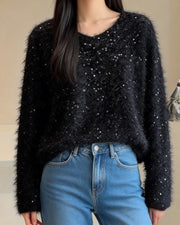 NURO Women's V-Neck Lace Trim Knit Top, Sheer Long Sleeve Blouse for Casual and Chic Wear