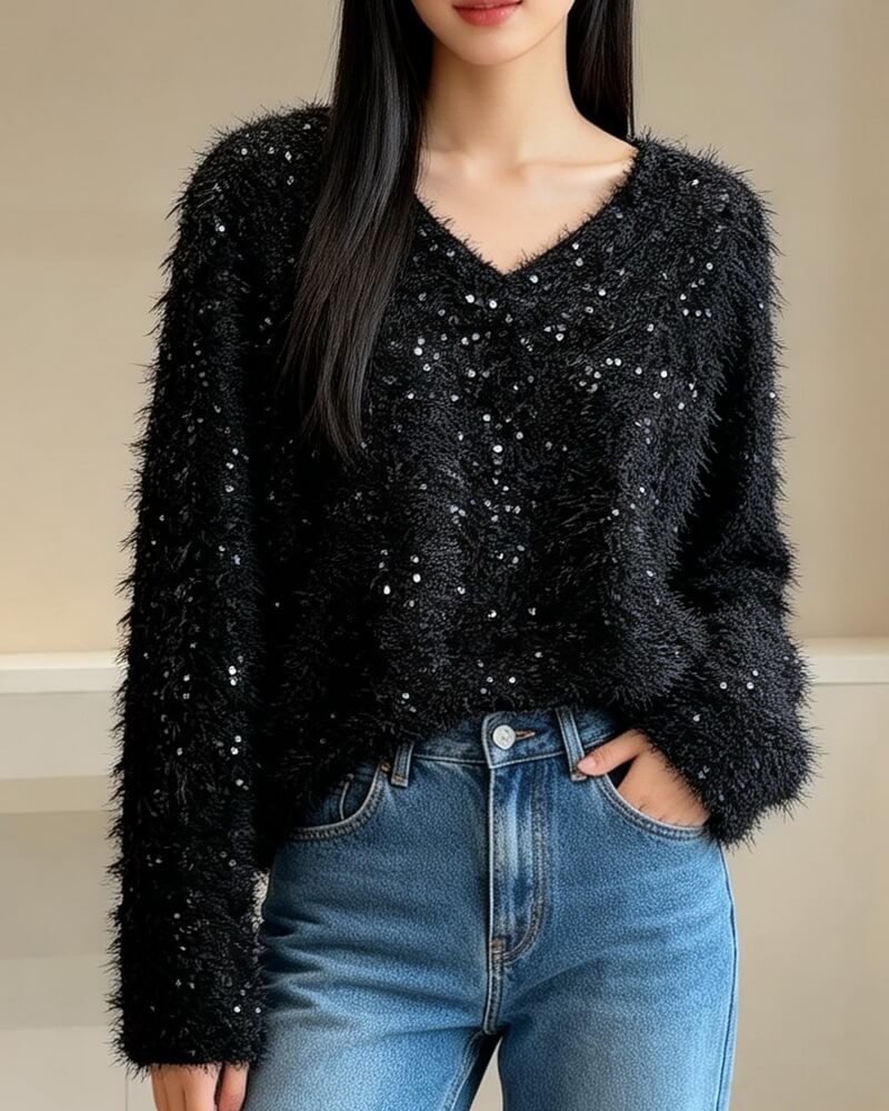 NURO Women's V-Neck Lace Trim Knit Top, Sheer Long Sleeve Blouse for Casual and Chic Wear