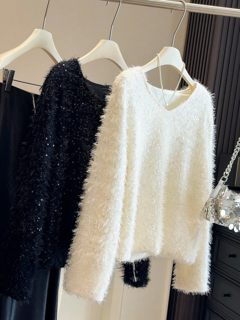 NURO Women's V-Neck Lace Trim Knit Top, Sheer Long Sleeve Blouse for Casual and Chic Wear