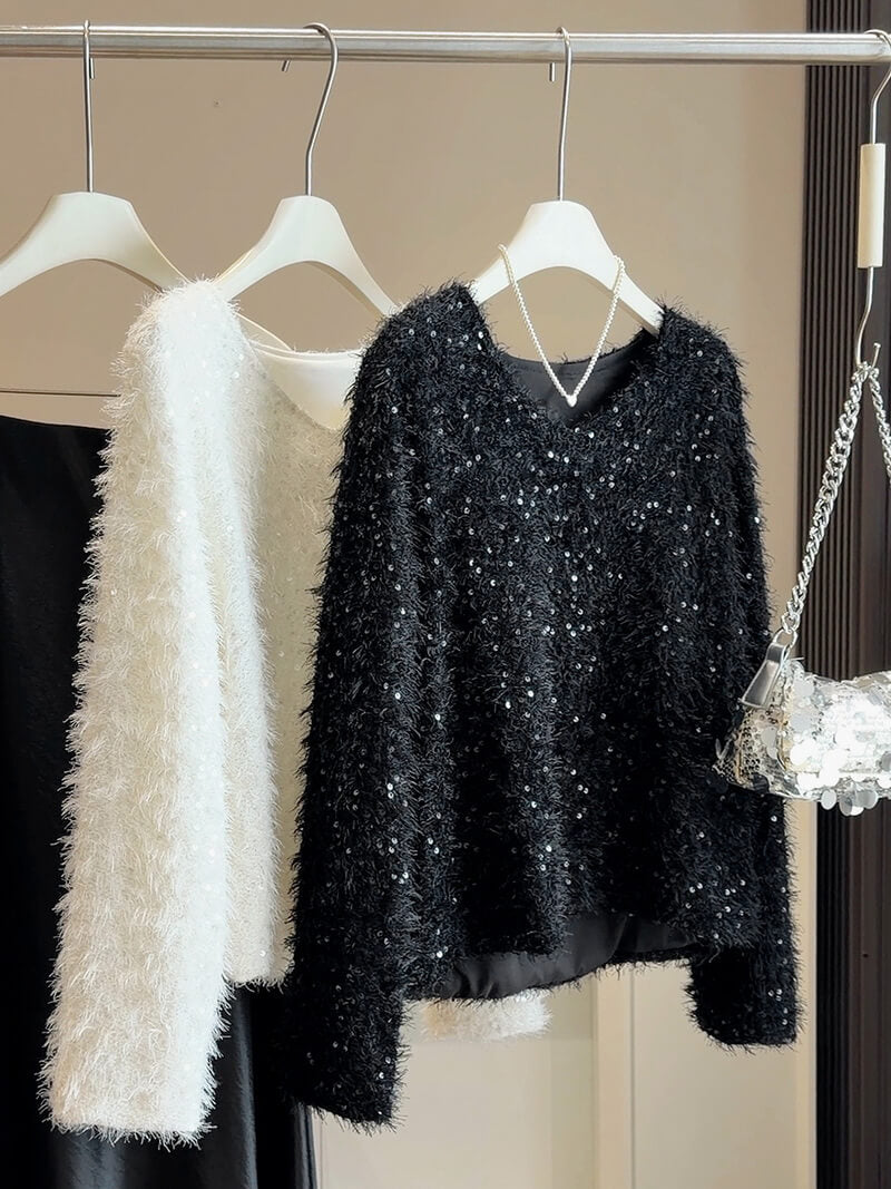 NURO Women's V-Neck Lace Trim Knit Top, Sheer Long Sleeve Blouse for Casual and Chic Wear