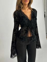 NURO Women's V-Neck Ruffled Flare Sleeve Chiffon Blouse