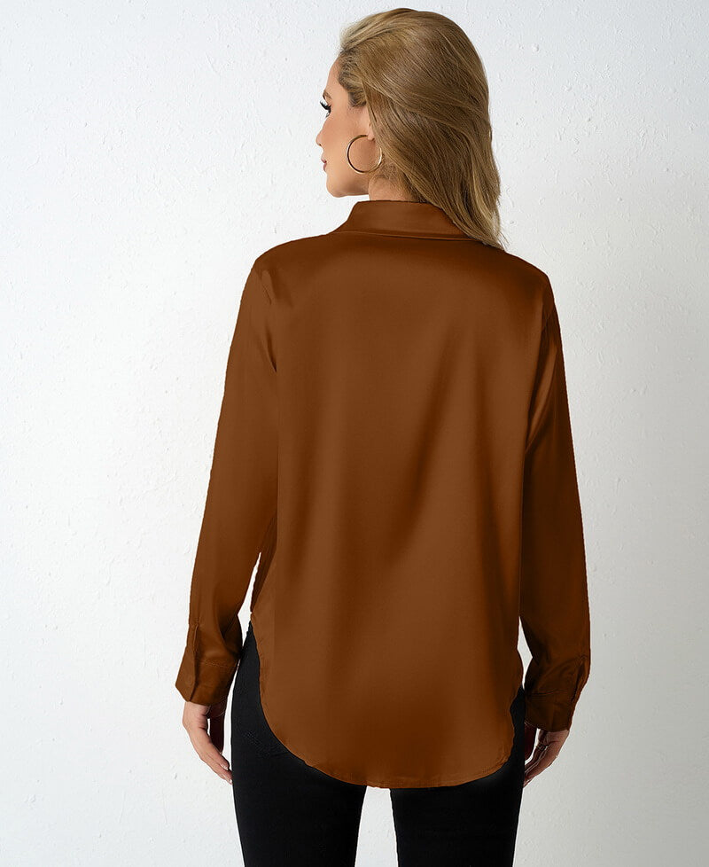 NURO Women's V-Neck Satin Shirt, Loose Fit Long Sleeve Blouse