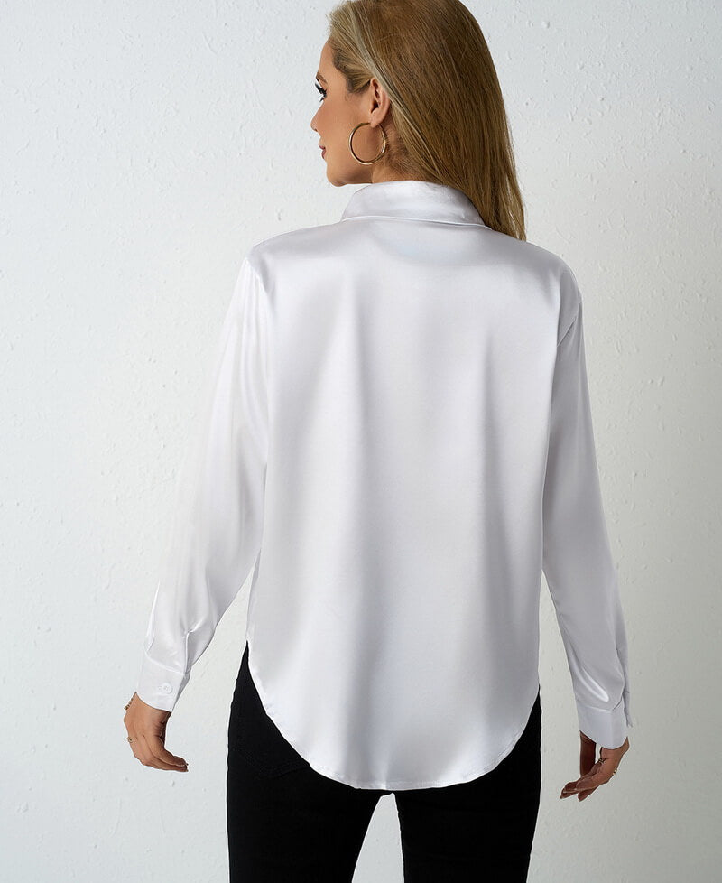 NURO Women's V-Neck Satin Shirt, Loose Fit Long Sleeve Blouse