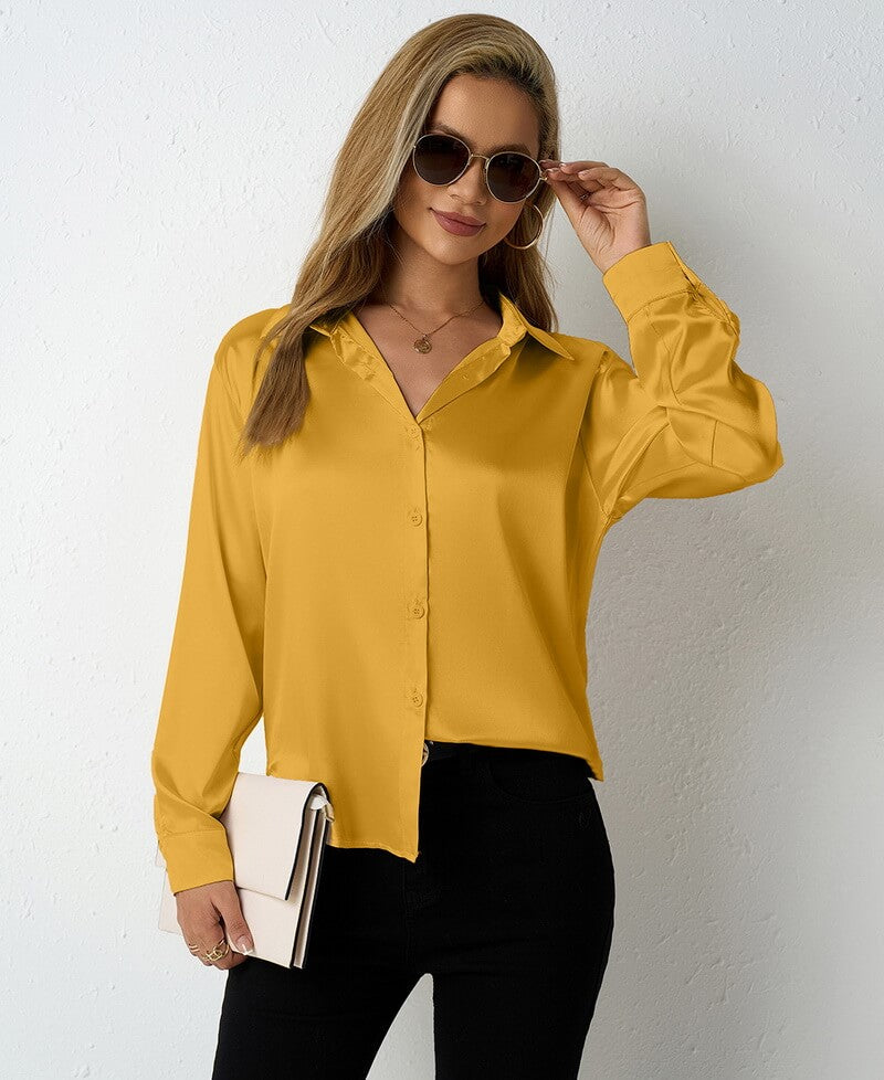 NURO Women's V-Neck Satin Shirt, Loose Fit Long Sleeve Blouse