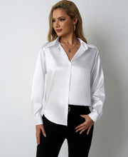 NURO Women's V-Neck Satin Shirt, Loose Fit Long Sleeve Blouse