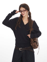 NURO Women's V-Neck Waist-Tie Long Sleeve T-Shirt, Slim Fit Tencel Blend Top for Autumn