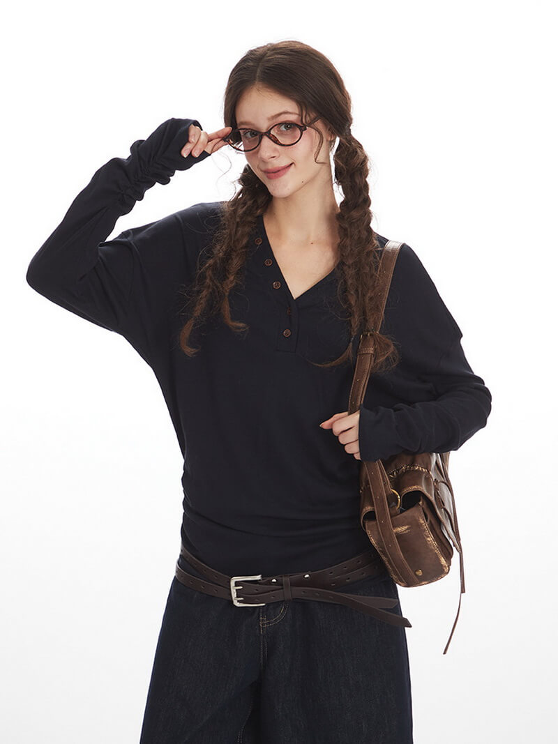 NURO Women's V-Neck Waist-Tie Long Sleeve T-Shirt, Slim Fit Tencel Blend Top for Autumn