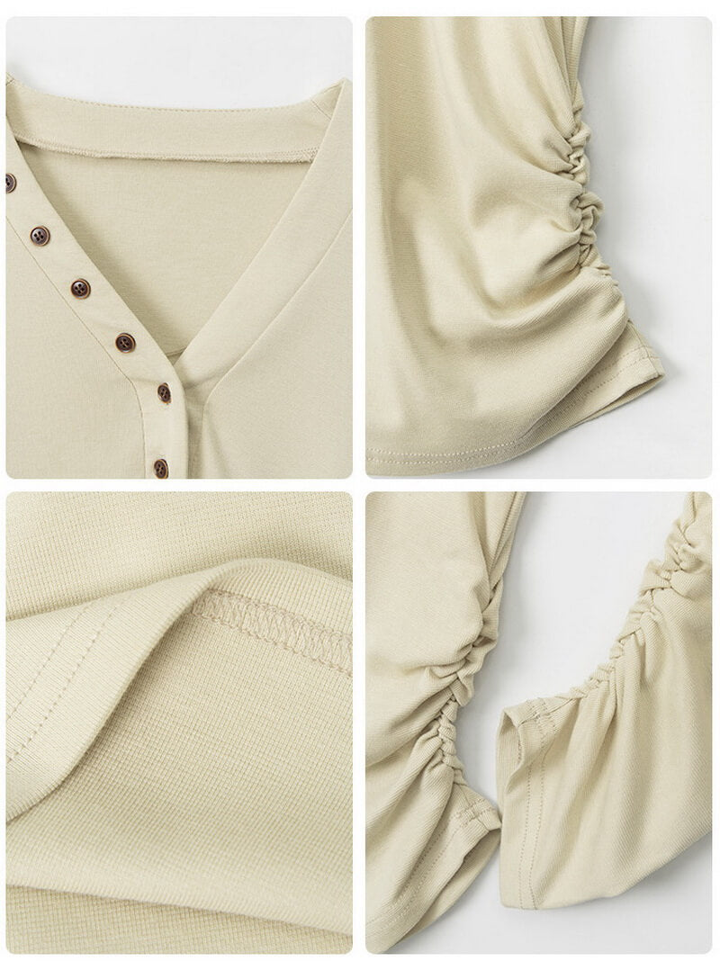 NURO Women's V-Neck Waist-Tie Long Sleeve T-Shirt, Slim Fit Tencel Blend Top for Autumn