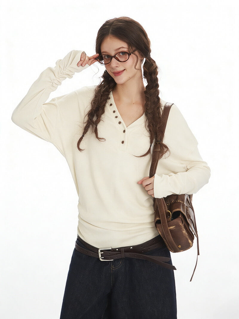 NURO Women's V-Neck Waist-Tie Long Sleeve T-Shirt, Slim Fit Tencel Blend Top for Autumn