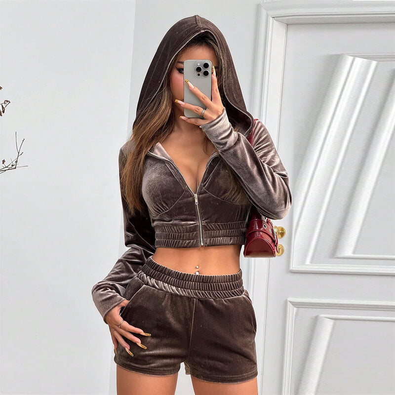 NURO Women's Velvet Hooded Sweatshirt and Shorts Set - Zipper Front, Long Sleeve, Casual Lounge Outfit