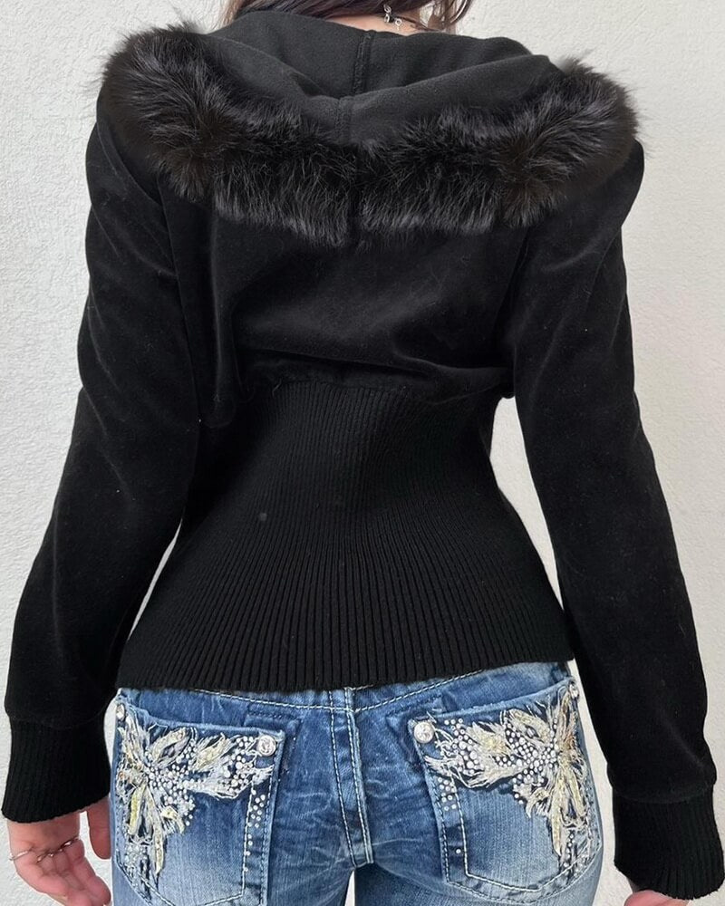 NURO Women's Velvet Hooded Zip Up Jacket | Faux Fur Trim Waist Belt Coat | Long Sleeve Slim Fit Top