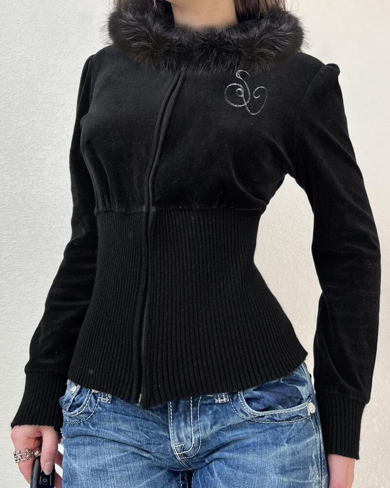 NURO Women's Velvet Hooded Zip Up Jacket | Faux Fur Trim Waist Belt Coat | Long Sleeve Slim Fit Top