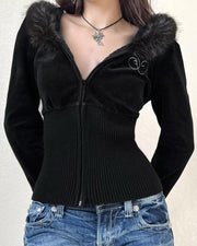 NURO Women's Velvet Hooded Zip Up Jacket | Faux Fur Trim Waist Belt Coat | Long Sleeve Slim Fit Top