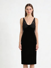 NURO Women's Velvet Lace Trim V-Neck Slip Dress
