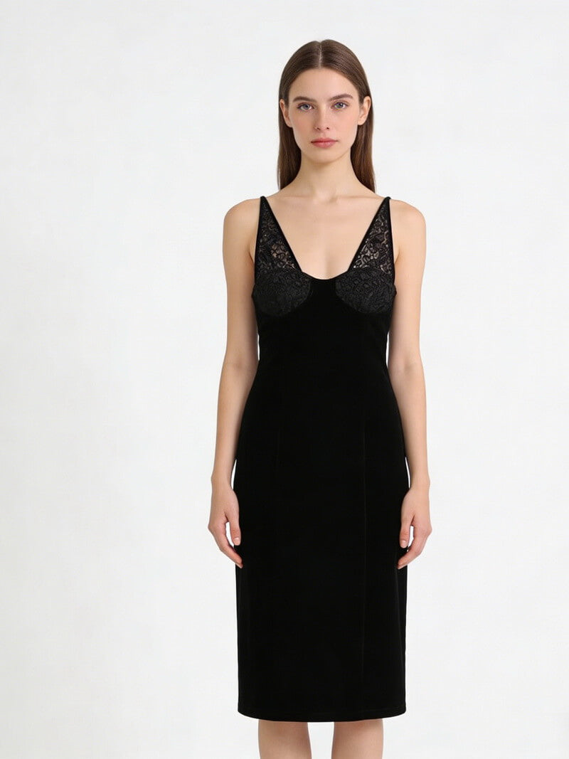 NURO Women's Velvet Lace Trim V-Neck Slip Dress