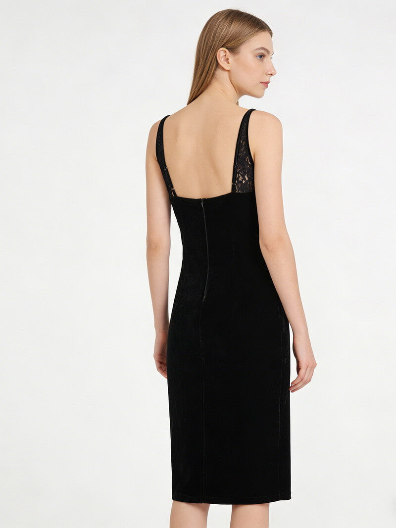 NURO Women's Velvet Lace Trim V-Neck Slip Dress