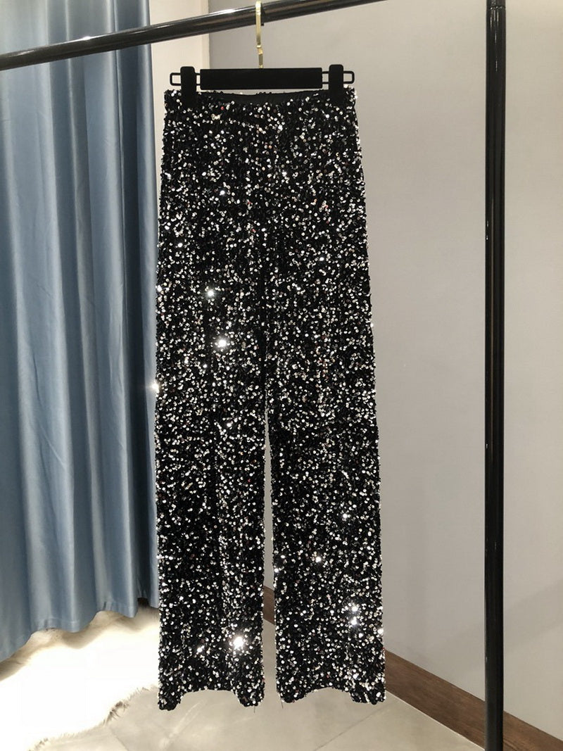 NURO Women's Velvet Sequin Wide Leg Pants - Flared, High Waist, Floor-Length, Glam Trousers