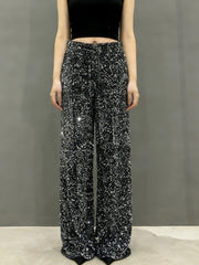 NURO Women's Velvet Sequin Wide Leg Pants - Flared, High Waist, Floor-Length, Glam Trousers