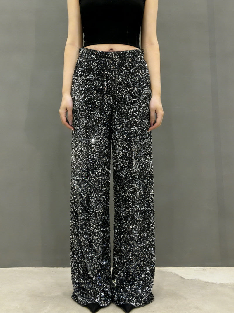 NURO Women's Velvet Sequin Wide Leg Pants - Flared, High Waist, Floor-Length, Glam Trousers
