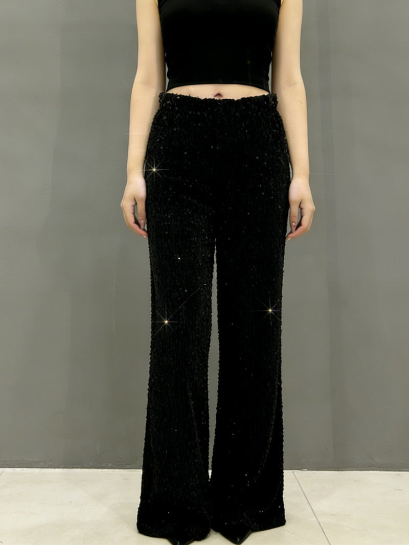 NURO Women's Velvet Sequin Wide Leg Pants - Flared, High Waist, Floor-Length, Glam Trousers