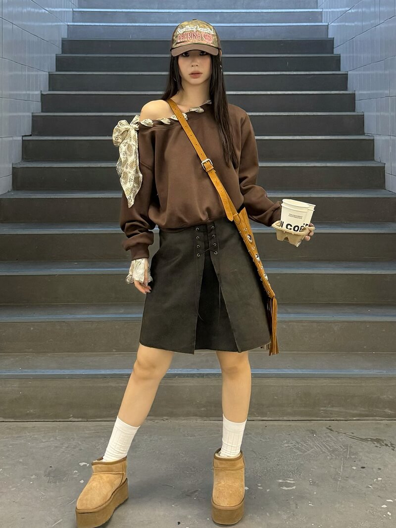 NURO Women's Vintage A-Line Midi Skirt, Cross-Back Tie Detail with Ruched Side and Distressed Wash, High-Temp Shaping Streetwear Skirt (Curry)