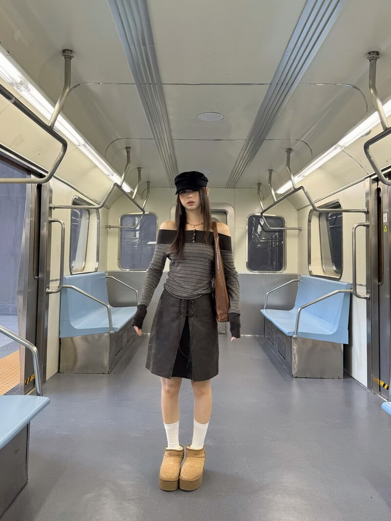 NURO Women's Vintage A-Line Midi Skirt, Cross-Back Tie Detail with Ruched Side and Distressed Wash, High-Temp Shaping Streetwear Skirt (Curry)