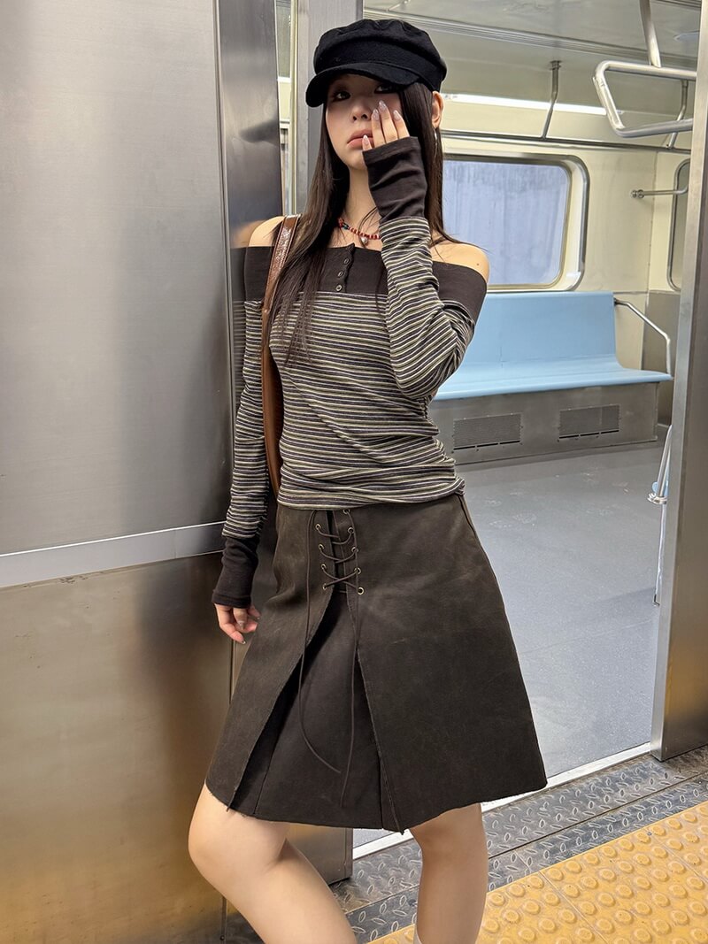 NURO Women's Vintage A-Line Midi Skirt, Cross-Back Tie Detail with Ruched Side and Distressed Wash, High-Temp Shaping Streetwear Skirt (Curry)