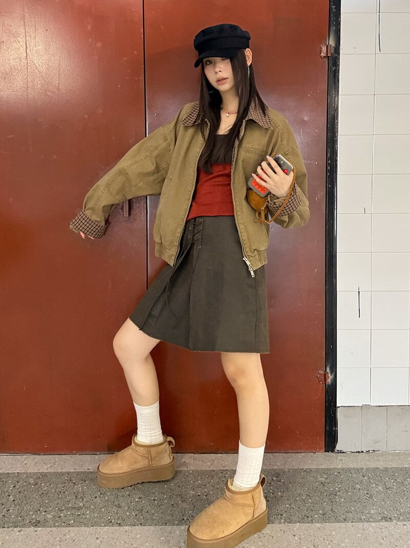 NURO Women's Vintage A-Line Midi Skirt, Cross-Back Tie Detail with Ruched Side and Distressed Wash, High-Temp Shaping Streetwear Skirt (Curry)