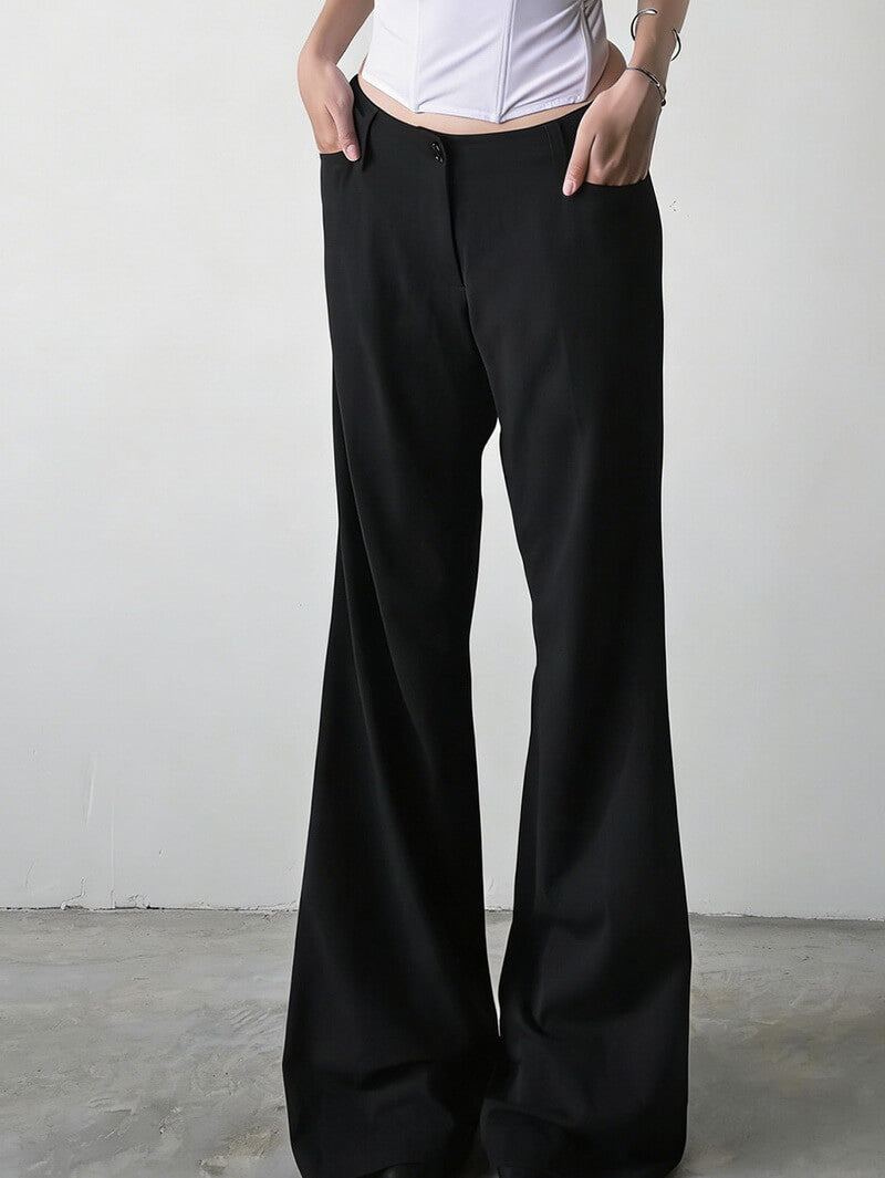 NURO Women's Vintage Black Wide Leg Trousers | Low Waist Flared Pants for Fall | Loose Fit Casual Palazzo Pants