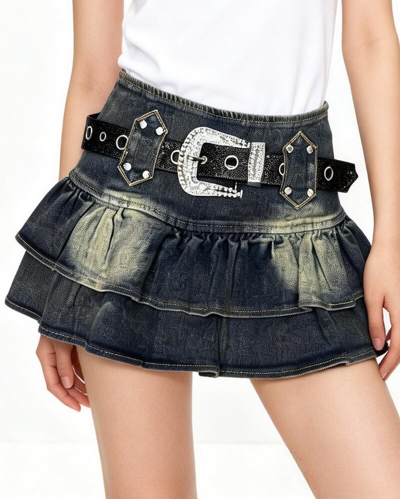 NURO Women's Vintage Denim Mini Skirt, High Waist A-Line Washed Denim Skirt for Summer Casual