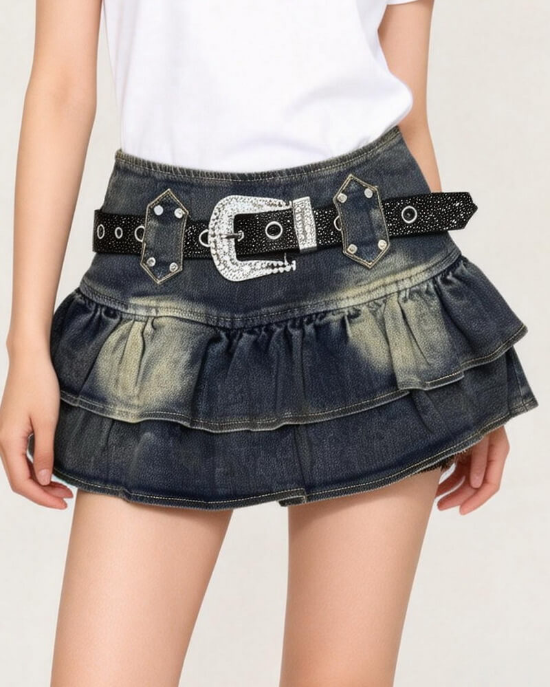 NURO Women's Vintage Denim Mini Skirt, High Waist A-Line Washed Denim Skirt for Summer Casual